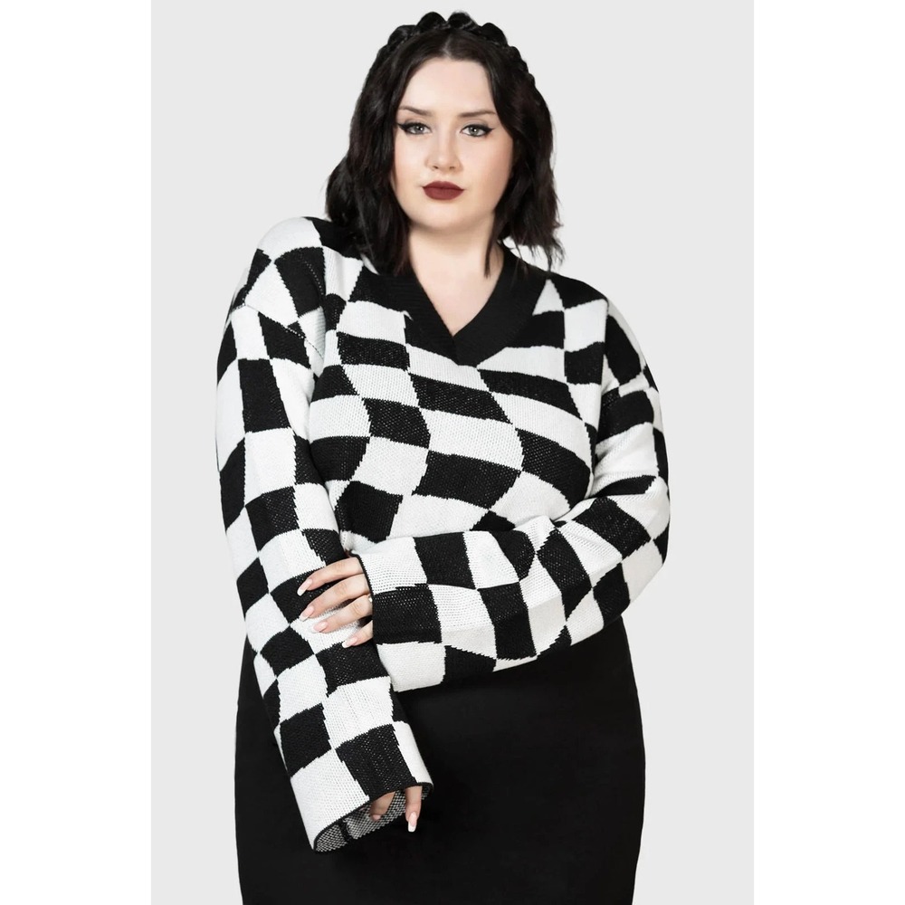 Killstar Wicked Games Womens Sweater 4X 4XL Cropped Black Gray Checks Goth NWT